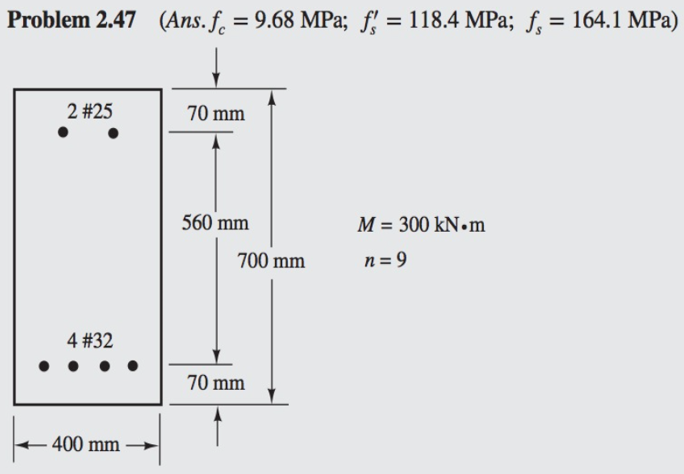 Problem 2.47 (Ans. f. = 9.68 MPa; f' = 118.4 MPa; f, = 164.1 MPa)
%3D
%3D
2 #25
70 mm
560 mm
M = 300 kN•m
%3D
700 mm
n = 9
4 #32
70 mm
400 mm
