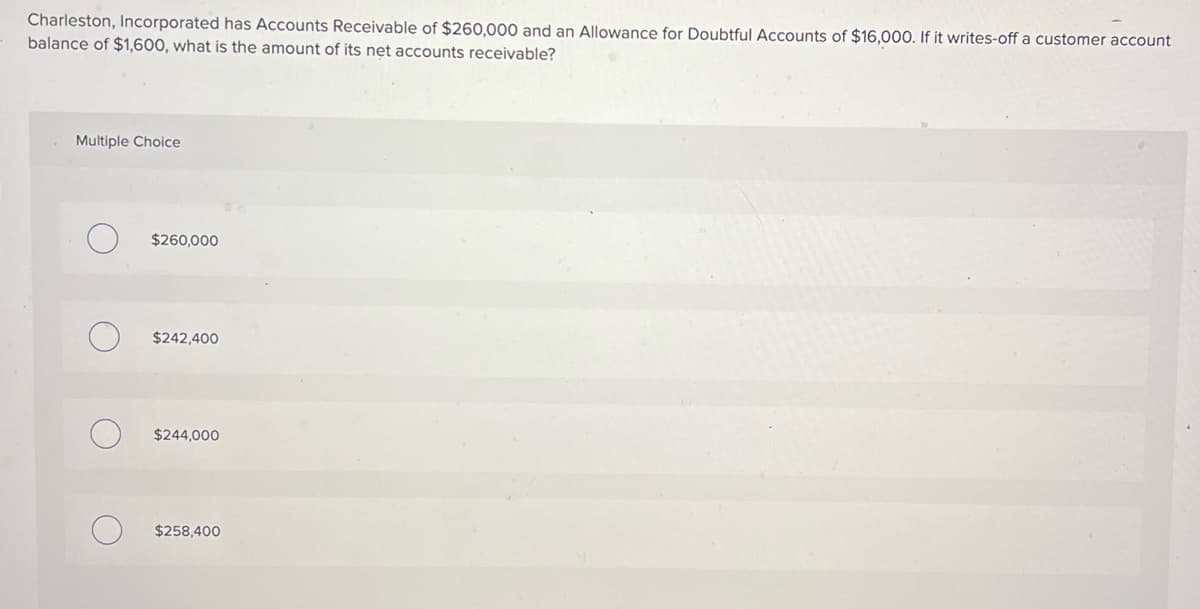 Charleston, Incorporated has Accounts Receivable of $260,000 and an Allowance for Doubtful Accounts of $16,000. If it writes-off a customer account
balance of $1,600, what is the amount of its net accounts receivable?
Multiple Choice
$260,000
$242,400
$244,000
$258,400