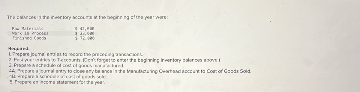 The balances in the inventory accounts at the beginning of the year were:
Raw Materials
Work in Process
Finished Goods
Required:
$ 42,000
$ 33,000
$ 72,000
1. Prepare journal entries to record the preceding transactions.
2. Post your entries to T-accounts. (Don't forget to enter the beginning inventory balances above.)
3. Prepare a schedule of cost of goods manufactured.
4A. Prepare a journal entry to close any balance in the Manufacturing Overhead account to Cost of Goods Sold.
4B. Prepare a schedule of cost of goods sold.
5. Prepare an income statement for the year.