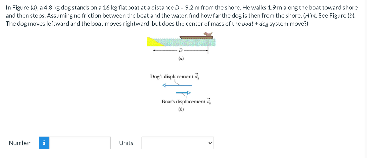 In Figure (a), a 4.8 kg dog stands on a 16 kg flatboat at a distance D = 9.2 m from the shore. He walks 1.9 m along the boat toward shore
and then stops. Assuming no friction between the boat and the water, find how far the dog is then from the shore. (Hint: See Figure (b).
The dog moves leftward and the boat moves rightward, but does the center of mass of the boat + dog system move?)
(a)
Dog's displacement da
Boat's displacement d,
(b)
Number
Units
