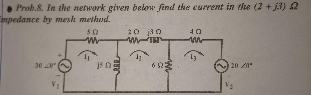 • Prob.8. In the network given below find the current in the (2 + j3) 2
Empedance by mesh method.
22 j3 2
13
30 20°
j5 2
20 20°
V2
