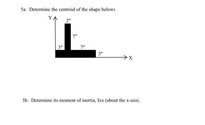 5a. Determine the centroid of the shape belows
YA
2"
7"
3"
7"
3"
5b. Determine its moment of inertia, Ixx (about the x-axis,
