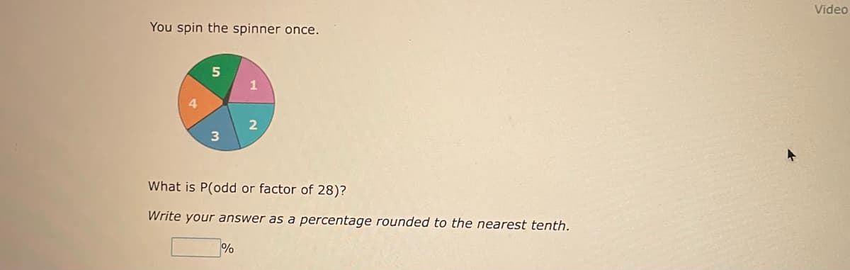 You spin the spinner once.
1
What is P(odd or factor of 28)?
Write your answer as a percentage rounded to the nearest tenth.
%
Video