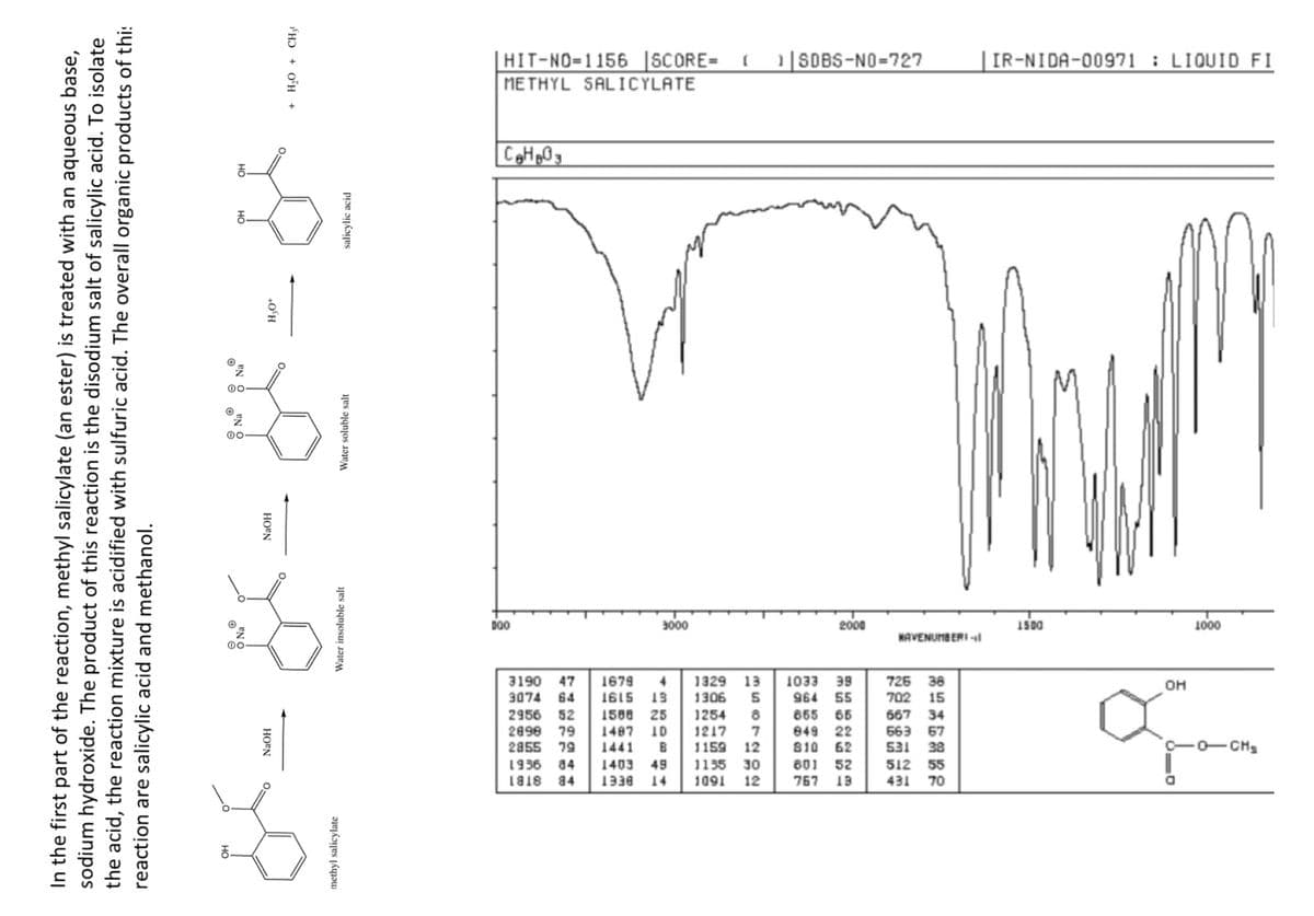 In the first part of the reaction, methyl salicylate (an ester) is treated with an aqueous base,
sodium hydroxide. The product of this reaction is the disodium salt of salicylic acid. To isolate
the acid, the reaction mixture is acidified with sulfuric acid. The overall organic products of this
reaction are salicylic acid and methanol.
OH
e
Na
OH
OH
Na
NaOH
* * = * = *
methyl salicylate
Water insoluble salt
Water soluble salt
salicylic acid
1818
84
84
BEET
14
1091
1936
2855
2956
2898 79
3074 64
3190 47
52
49
1403
1441
NaOH
767 19
801 52
79
431
512
12
30
12
70
55
B
1135
1159
1217
1254
810 62
531 38
1487
1588
-0-CH₂
OT
1615
25
19
1679
1306
1329 13
8
5
4
964
1033
849 22
855 65
55
39
726
667
702
663 67
34
15
38
OH
HAVENUMBERI-
DOO
3000
2000
1500
1000
O
C₂H₂O3
+ H₂O + CH3
METHYL SALICYLATE
HIT-NO-1156 SCORE= (
SDBS-NO-727
IR-NIDA-00971: LIQUID FI