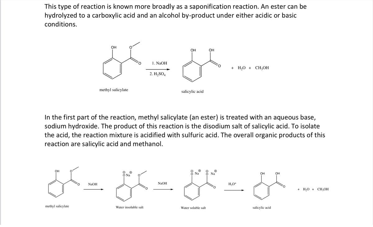 This type of reaction is known more broadly as a saponification reaction. An ester can be
hydrolyzed to a carboxylic acid and an alcohol by-product under either acidic or basic
conditions.
&=&
1. NaOH
2. H₂SO4
OH
methyl salicylate
OH
salicylic acid
OH
+ H₂O + CH3OH
In the first part of the reaction, methyl salicylate (an ester) is treated with an aqueous base,
sodium hydroxide. The product of this reaction is the disodium salt of salicylic acid. To isolate
the acid, the reaction mixture is acidified with sulfuric acid. The overall organic products of this
reaction are salicylic acid and methanol.
OH
e
Na
OH
OH
O Na
NaOH
NaOH
* =* =* = &
H3O+
methyl salicylate
Water insoluble salt
Water soluble salt
salicylic acid
Na
+ H₂O + CH3OH