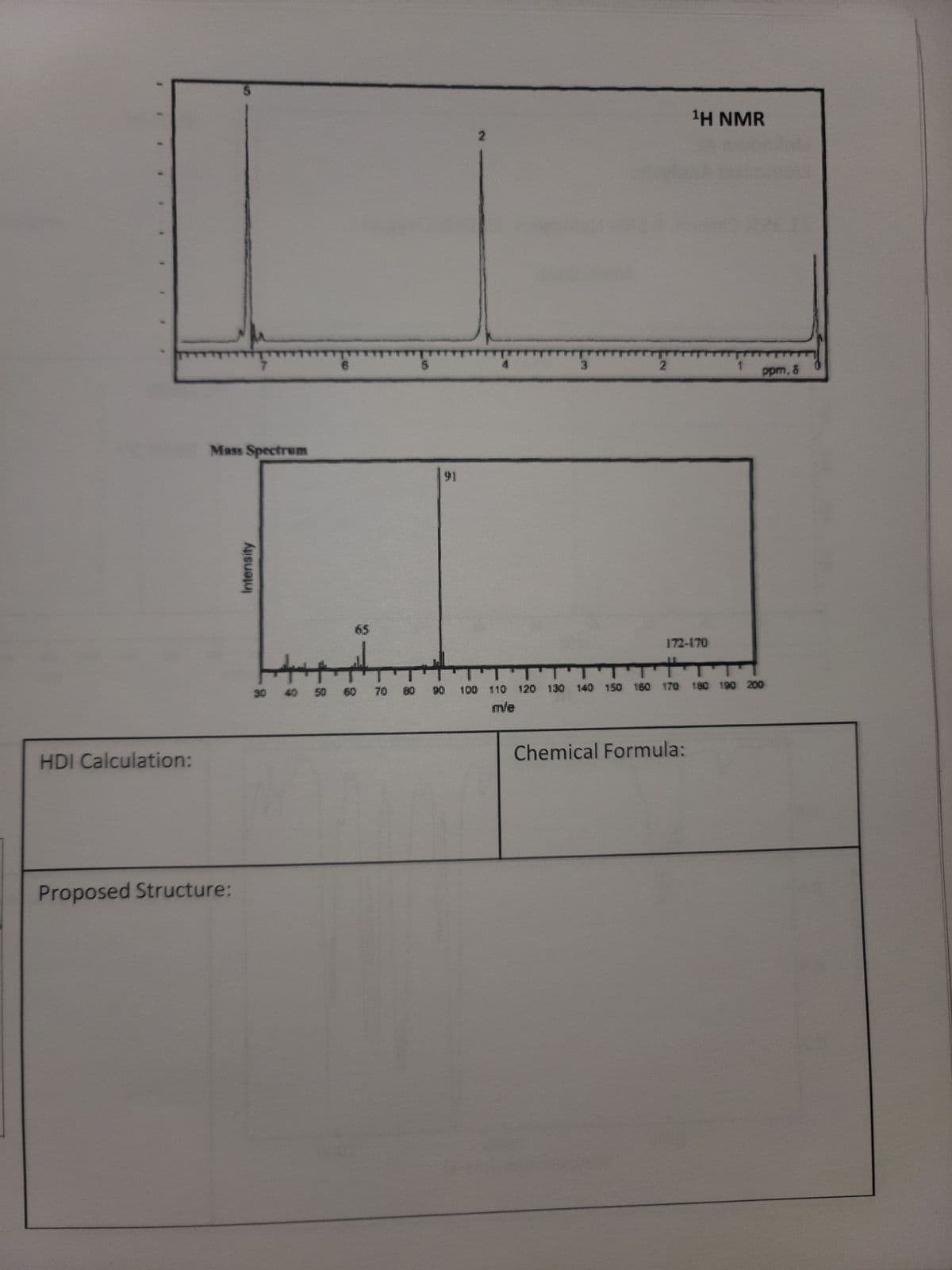 HDI Calculation:
Mass Spectrum
Proposed Structure:
Intensity
30 40 50
6
6.5
60 70
91
80 90
3
2
172-170
100 110 120 130 140 150 160 170
m/e
¹H NMR
Chemical Formula:
ppm, &
180 190 200