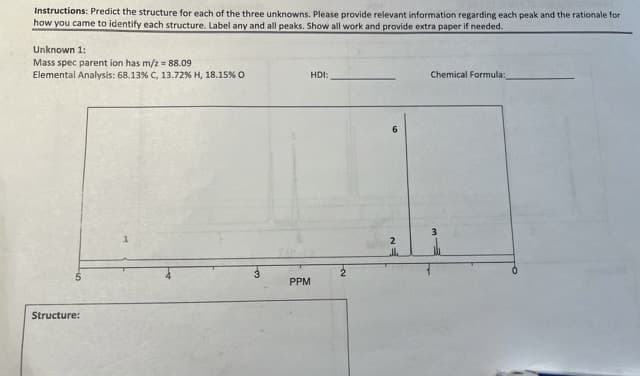 Instructions: Predict the structure for each of the three unknowns. Please provide relevant information regarding each peak and the rationale for
how you came to identify each structure. Label any and all peaks. Show all work and provide extra paper if needed.
Unknown 1:
Mass spec parent ion has m/z = 88.09
Elemental Analysis: 68.13 % C, 13.72 % H, 18.15% O
Structure:
PPM
HDI:
Feu
2
N=
J
Chemical Formula: