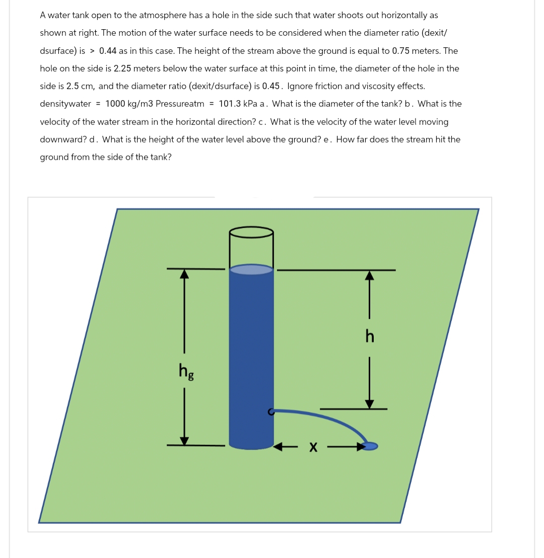 A water tank open to the atmosphere has a hole in the side such that water shoots out horizontally as
shown at right. The motion of the water surface needs to be considered when the diameter ratio (dexit/
dsurface) is 0.44 as in this case. The height of the stream above the ground is equal to 0.75 meters. The
hole on the side is 2.25 meters below the water surface at this point in time, the diameter of the hole the
side is 2.5 cm, and the diameter ratio (dexit/dsurface) is 0.45. Ignore friction and viscosity effects.
densitywater = 1000 kg/m3 Pressureatm = 101.3 kPa a. What is the diameter of the tank? b. What is the
velocity of the water stream in the horizontal direction? c. What is the velocity of the water level moving
downward? d. What is the height of the water level above the ground? e. How far does the stream hit the
ground from the side of the tank?
hg
h