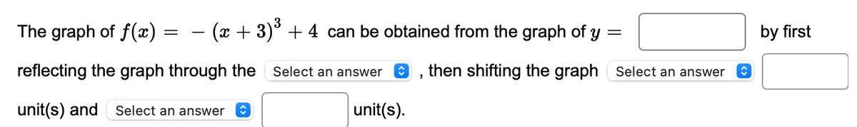 3
The graph of f(æ)
- (x + 3)° + 4 can be obtained from the graph of y
by first
-
reflecting the graph through the
Select an answer
then shifting the graph Select an answer
unit(s) and Select an answer
unit(s).
