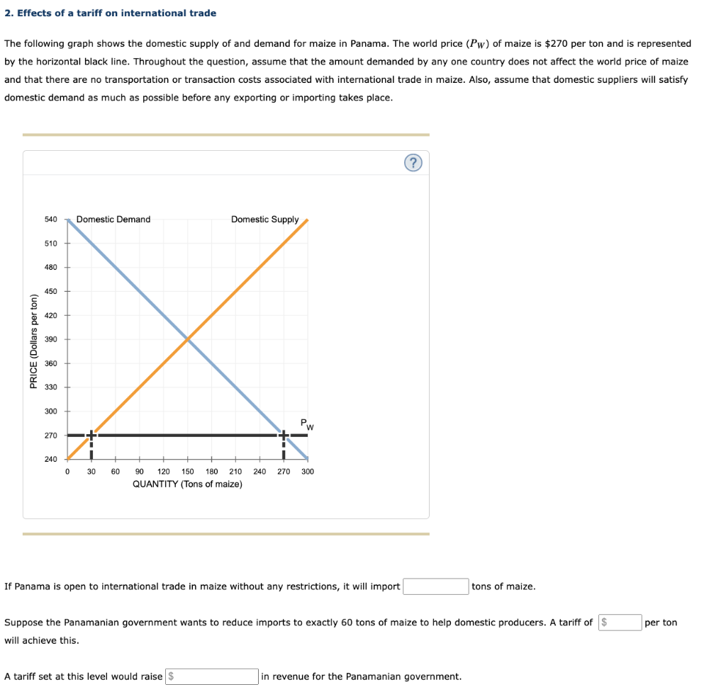 2. Effects of a tariff on international trade
The following graph shows the domestic supply of and demand for maize in Panama. The world price (Pw) of maize is $270 per ton and is represented
by the horizontal black line. Throughout the question, assume that the amount demanded by any one country does not affect the world price of maize
and that there are no transportation or transaction costs associated with international trade in maize. Also, assume that domestic suppliers will satisfy
domestic demand as much as possible before any exporting or importing takes place.
540
Domestic Demand
Domestic Supply
510
480
450
420
390
360
330
300
Pw
270
240
30
60
90
120 150
180
210
240 270 300
QUANTITY (Tons of maize)
If Panama is open to international trade in maize without any restrictions, it will import
tons of maize.
Suppose the Panamanian government wants to reduce imports to exactly 60 tons of maize to help domestic producers. A tariff of $
per ton
will achieve this.
A tariff set at this level would raise $
in revenue for the Panamanian government.
PRICE (Dollars per ton)
