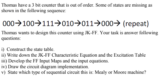 Thomas have a 3 bit counter that is out of order. Some of states are missing as
shown in the following sequence:
000>100→111>010→011→000→ (repeat)
Thomas wants to design this counter using JK-FF. Your task is answer following
questions:
i) Construct the state table.
ii) Write down the JK-FF Characteristic Equation and the Excitation Table
iii) Develop the FF Input Maps and the input equations.
iv) Draw the circuit diagram implementation.
v) State which type of sequential circuit this is: Mealy or Moore machine?
