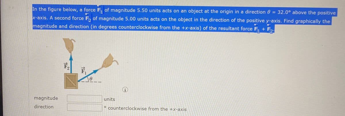 In the figure below, a force F, of magnitude 5.50 units acts on an object at the origin in a direction 0 = 32.0° above the positive
1
x-axis. A second force F, of magnitude 5.00 units acts on the object in the direction of the positive y-axis. Find graphically the
12
magnitude and direction (in degrees counterclockwise from the +x-axis) of the resultant force F, + F,.
2:
magnitude
units
direction
° counterclockwise from the +x-axis
2,
