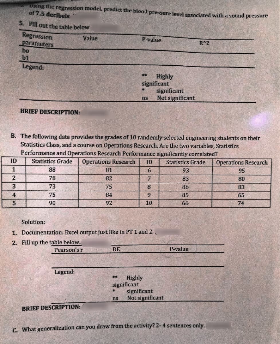 Using the regression model, predict the blood pressure level associated with a sound pressure
of 7.5 decibels
5. Fill out the table below
Regression
Value
P-value
parameters
bo
b1
Legend:
R^2
Highly
significant
significant
Not significant
*3
ns
BRIEF DESCRIPTION:
B. The followíng data provides the grades of 10 randomly selected engineering students on their
Statistics Class, and a course on Operations Research. Are the two variables, Statistics
Performance and Operations Research Performance significantly correlated?
Statistics Grade
ID
Operations Research
ID
Statistics Grade
Operations Research
88
81
6.
93
95
2
78
82
7.
83
80
73
75
8.
86
83
4
75
84
9
85
65
90
92
10
66
74
Solution:
1. Documentation: Excel output just like in PT 1 and 2.
2. Fill up the table below.
Pearson's r
DE
P-value
Legend:
Highly
significant
significant
Not significant
**
ns
BRIEF DESCRIPTION:
C. What generalization can you draw from the activity? 2- 4 sentences only.
