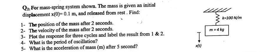 Q2: For mass-spring system shown. The mass is given an initial
displacement x(0)= 0.1 m, and released from rest. Find:
1- The position of the mass after 2 seconds.
2- The velocity of the mass after 2 seconds.
3- Plot the response for three cycles and label the result from 1 & 2.
4- What is the period of oscillation?
5- What is the acceleration of mass (m) after 5 second?
Į
x(t)
k=100 N/m
m = 4 kg