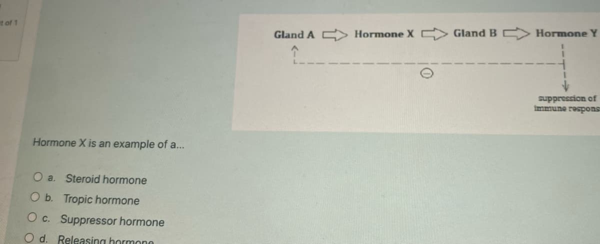 t of 1
Hormone X is an example of a...
O a. Steroid hormone
O b. Tropic hormone
O c. Suppressor hormone
O d. Releasing hormone
Gland A Hormone X Gland B Hormone Y
suppression of
immune respons