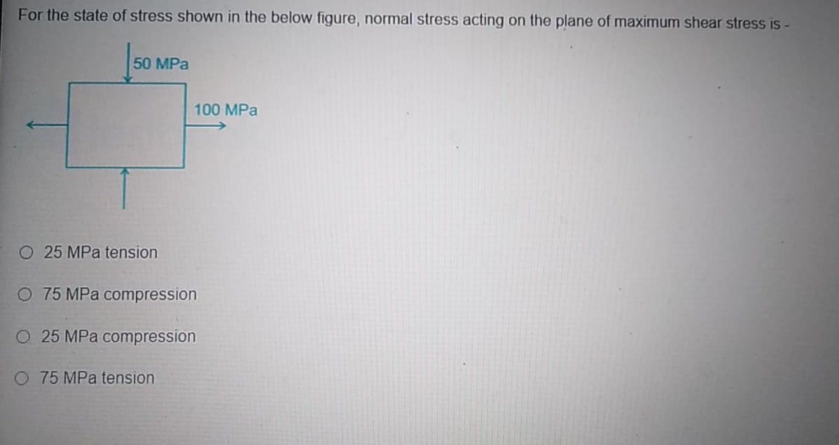 For the state of stress shown in the below figure, normal stress acting on the plane of maximum shear stress is -
50 MPa
100 MPa
O 25 MPa tension
O 75 MPa compression
O 25 MPa compression
O 75 MPa tension
