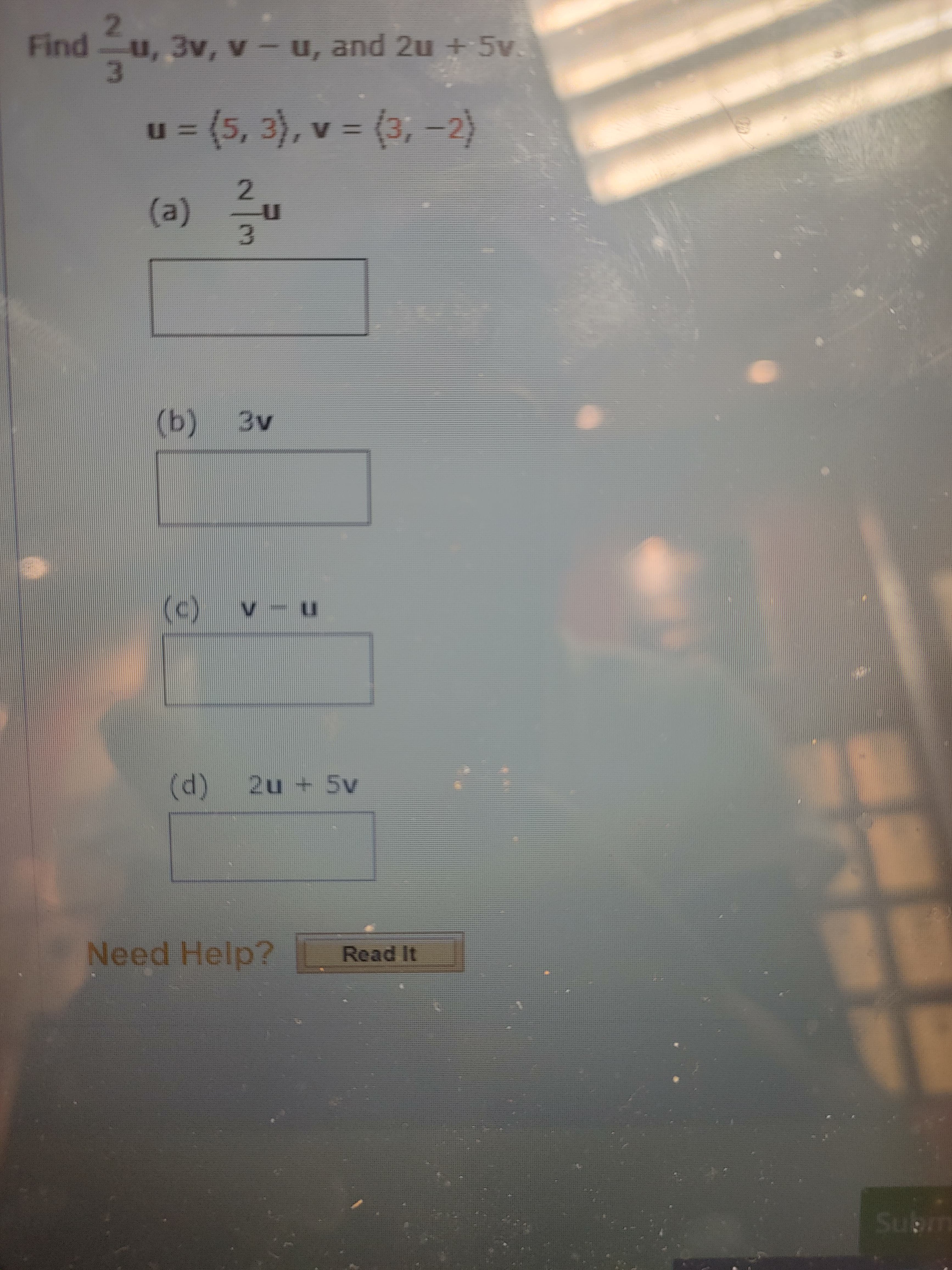 2.
Find u, 3v, v-u, and 2u +5v.
3.
u = (5, 3), v = (3, -2)
%3D
