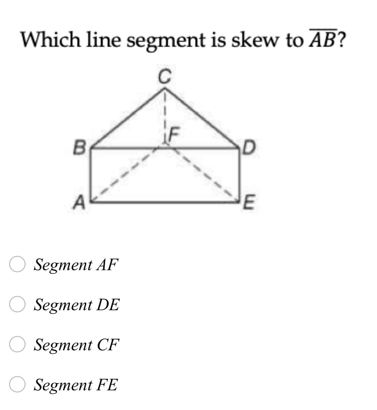 Which line segment is skew to AB?
B
E
Segment AF
Segment DE
Segment CF
O Segment FE

