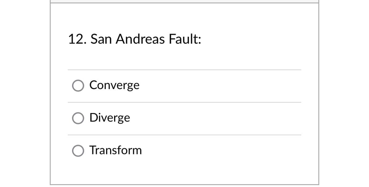 12. San Andreas Fault:
Converge
O Diverge
Transform