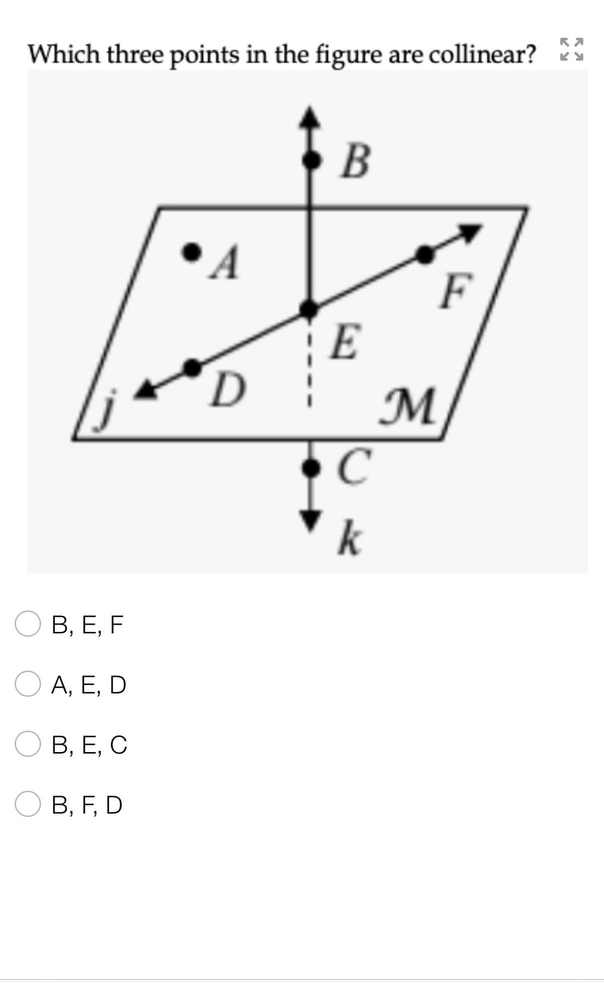 **Question:**

Which three points in the figure are collinear?

**Diagram Description:**

The diagram is a parallelogram with additional lines and points inside it. Points A, B, C, D, E, F, and M are marked within the figure. Several arrows and dashed lines indicate intersections and extensions.

- **Points**: 
  - A is near the top left.
  - B is above the figure, placed on a vertical dashed line extending through E.
  - C is below the figure on the same vertical dashed line as B, directly underneath E.
  - D is along a line heading towards the bottom left.
  - E is at the intersection of the diagonal of the parallelogram and a vertical line.
  - F is near the top right.
  - M is on the same line as D, extending from B, E, and C.

- **Lines**:
  - Line j is a horizontal arrow extending through D and A.
  - Line k is a vertical arrow through B, E, and C.

**Answer Options:**

- ○ B, E, F
- ○ A, E, D
- ○ B, E, C
- ○ B, F, D

**Correct Answer:**
The points B, E, and C are collinear as they lie on the vertical line k.