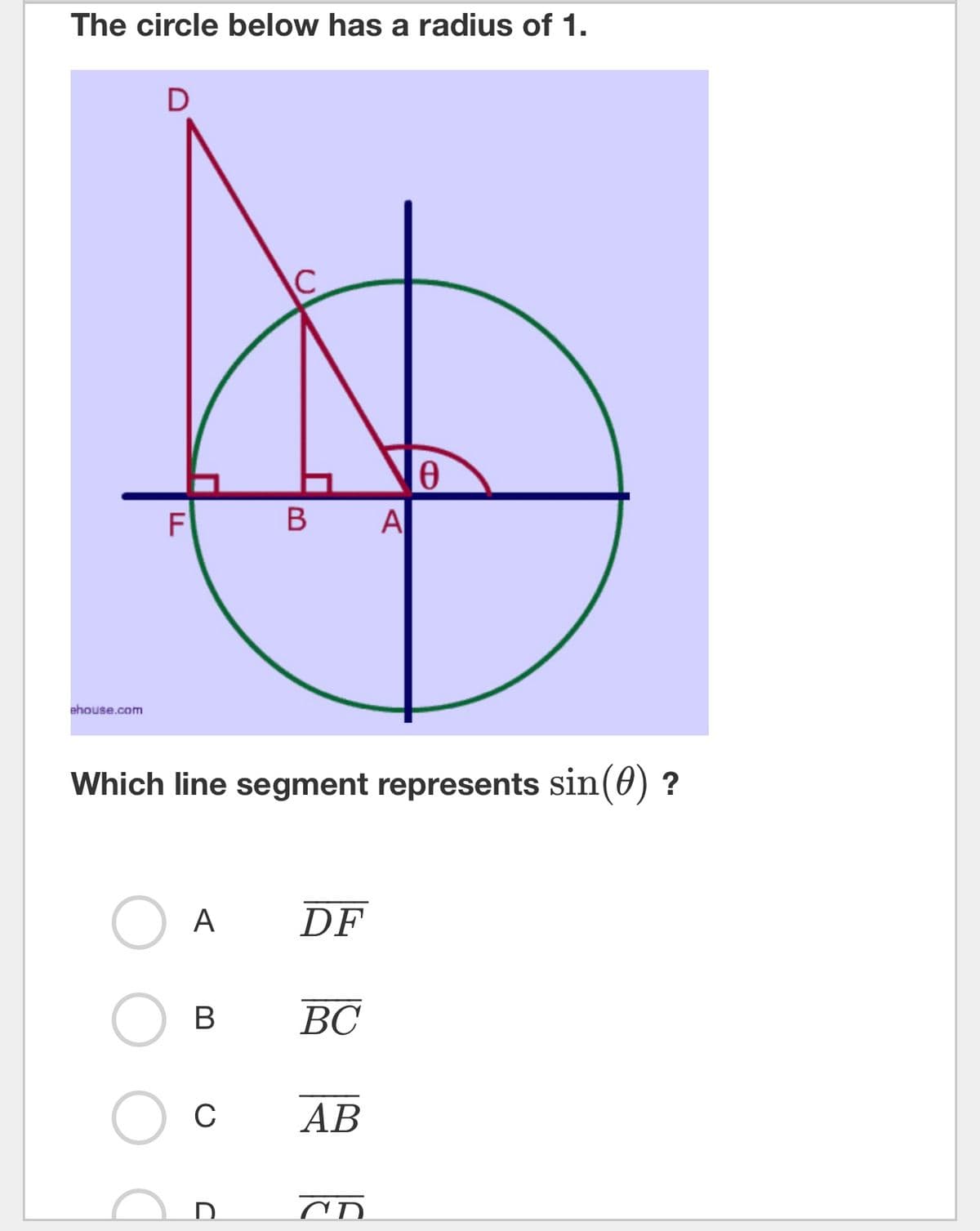 The circle below has a radius of 1.
ehouse.com
D
F
LL
B
C
O A DF
BC
C
B
Which line segment represents sin(0) ?
D
AB
A
CD
0