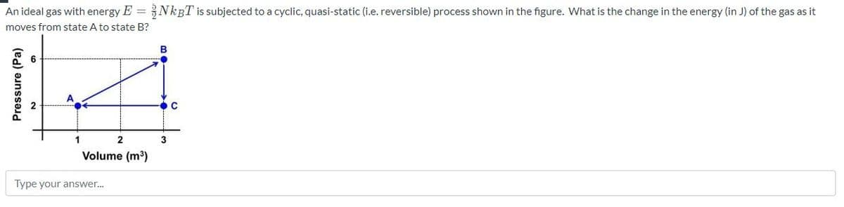 An ideal gas with energy E =
NKBT is subjected to a cyclic, quasi-static (i.e. reversible) process shown in the figure. What is the change in the energy (in J) of the gas as it
moves from state A to state B?
6
A
1
3
Volume (m³)
Type your answer.
Pressure (Pa)
