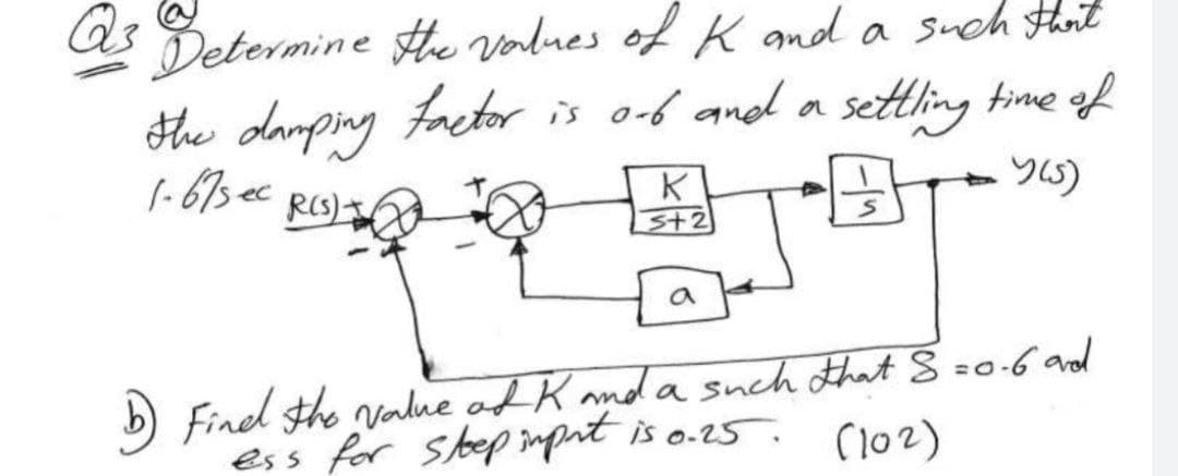 Q3 Betermine the values of K and a such that
the damping factor is 0-6 and a settling time of
1-675 ec
→Y(5)
-BT
R(S)
K
5+2
b) Find the value ad K and a such that S =0.6 and
ess for sleep import is 0.25.
(102)