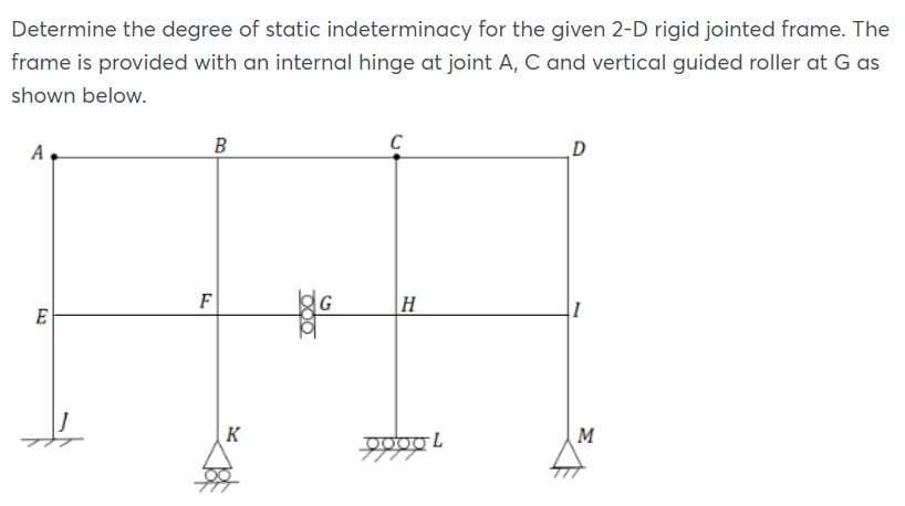 Determine the degree of static indeterminacy for the given 2-D rigid jointed frame. The
frame is provided with an internal hinge at joint A, C and vertical guided roller at G as
shown below.
A
B
C
D
F
H
E
K
M
