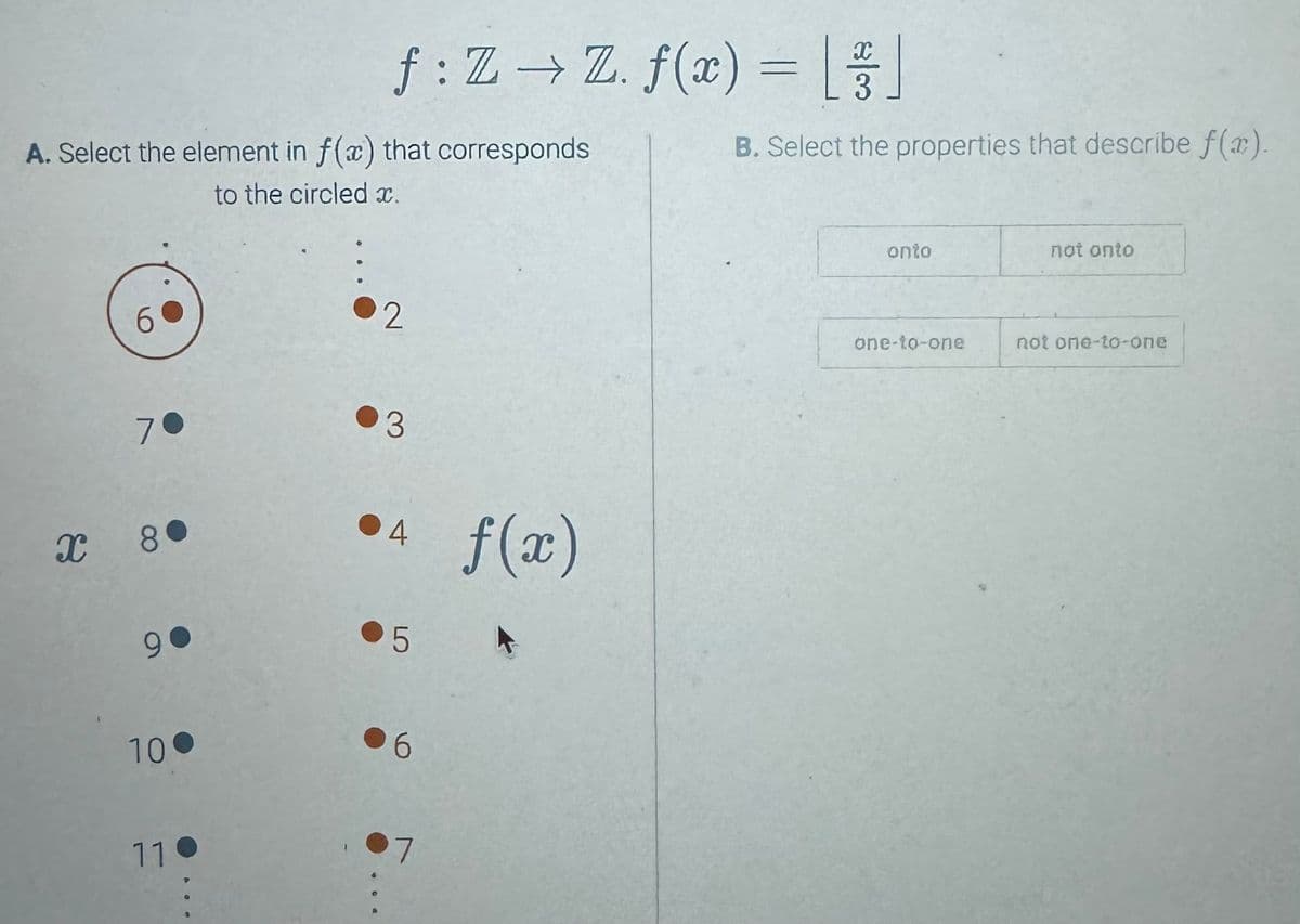 A. Select the element in f(x) that corresponds
to the circled x.
6
70
X 80
90
100
f: Z→ Z. f(x) = []
3
B. Select the properties that describe f(x).
110
2
3
04
●5
6
7
f(x)
onto
one-to-one
not onto
not one-to-one