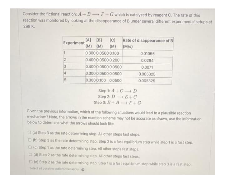 Consider the fictional reaction: A +B F+Gwhich is catalyzed by reagent C. The rate of this
reaction was monitored by looking at the disappearance of B under several different experimental setups at
298 K.
[A] [B]
(M) (M)
Experiment
[C]
Rate of disappearance of B
(M) (M/s)
0.300 0.0500 0.100
0.4000.0500 0.200
0.4000.0500 0.0500
0.01065
2
0.0284
3
0.0071
0.300 0.0500 0.0500
0.300 0.100 0.0500
4
0.005325
0.005325
Step 1: A+C D
Step 2: D E+C
Step 3: E+ B-F+G
Given the previous information, which of the following situations would lead to a plausible reaction
mechanism? Note, the arrows in the reaction scheme may not be accurate as drawn, use the infomration
below to determine what the arrows should look like.
O (a) Step 3 as the rate determining step. All other steps fast steps.
O (b) Step 3 as the rate determining step. Step 2 is a fast equilibrium step while step 1 is a fast step.
O (c) Step 1 as the rate determining step. All other steps fast steps.
O (d) Step 2 as the rate determining step. All other steps fast steps.
O (e) Step 2 as the rate determining step. Step 1 is a fast equilibrium step while step 3 is a fast step.
Select all possible options that apply. O
