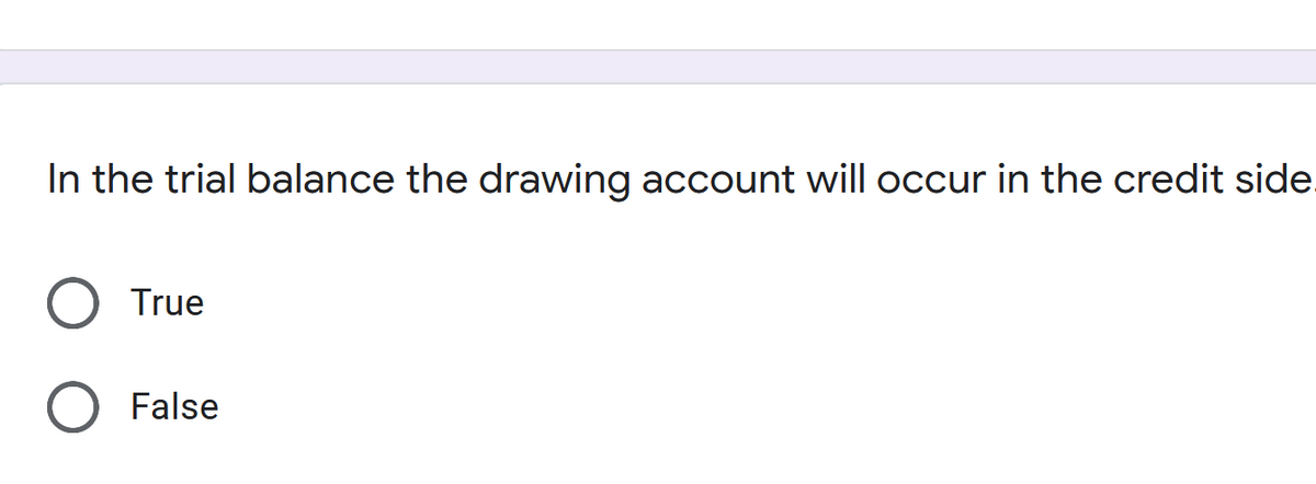 In the trial balance the drawing account will occur in the credit side.
True
False
