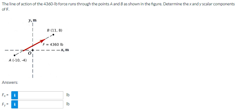 The line of action of the 4360-lb force runs through the points A and B as shown in the figure. Determine the x and y scalar components
of F.
y, m
B (11, 8)
F = 4360 lb
-x, m
lb
lb
Answers:
Fx=
i
i
LL
A (-10,-4)
||