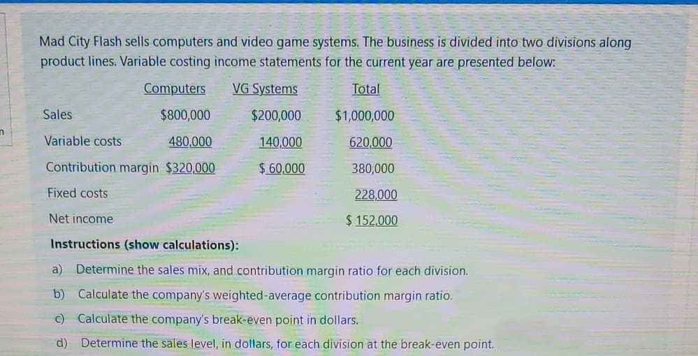 Mad City Flash sells computers and video game systems. The business is divided into two divisions along
product lines. Variable costing income statements for the current year are presented below:
Computers
VG Systems
Total
Sales
$800,000
$200,000
$1,000,000
Variable costs
480,000
140,000
620,000
Contribution margin $320,000
$ 60,000
380,000
Fixed costs
228,000
Net income
$ 152,000
Instructions (show calculations):
a)
Determine the sales mix, and contribution margin ratio for each division.
b) Calculate the company's weighted-average contribution margin ratio.
C) Calculate the company's break-even point in dollars.
d) Determine the sales level, in dollars, for each division at the break-even point.
