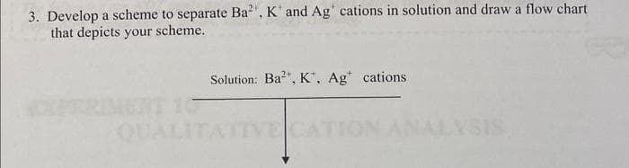 3. Develop a scheme to separate Ba², K and Ag cations in solution and draw a flow chart
that depicts your scheme.
QUAL
Solution: Ba, K, Ag cations
=
TATIV
SIS