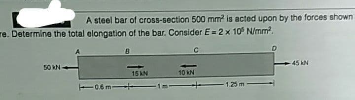 A steel bar of cross-section 500 mm2 is acted upon by the forces shown
re. Determine the total elongation of the bar. Consider E=2 x 10$ N/mm2.
A
B
45 kN
50 KN-
15 kN
10 kN
1.25 m
E0.6 m
