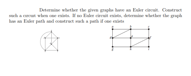 Determine whether the given graphs have an Euler circuit. Construct
such a circuit when one exists. If no Euler circuit exists, determine whether the graph
has an Euler path and construct such a path if one exists
P
b