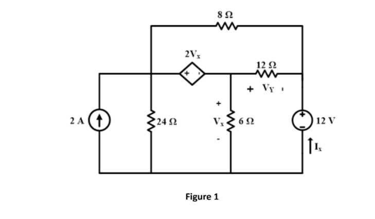 8Ω
2V3
12 2
+ Vy .
2 A (1
24 2
6Ω
12 V
Figure 1
