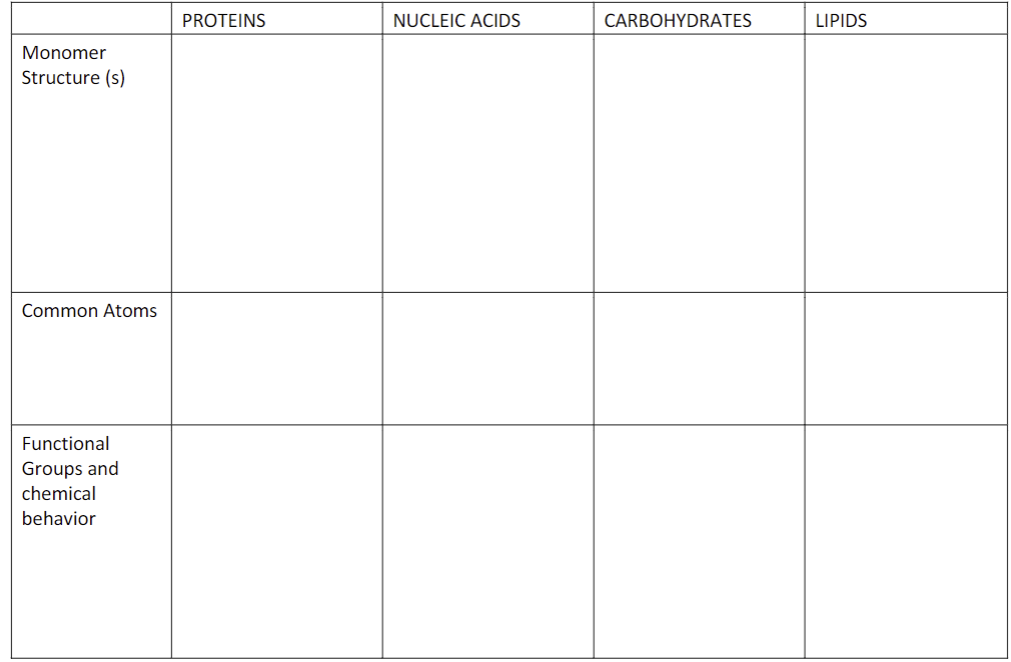 Monomer
Structure (s)
Common Atoms
Functional
Groups and
chemical
behavior
PROTEINS
NUCLEIC ACIDS
CARBOHYDRATES
LIPIDS