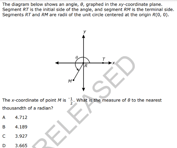 The diagram below shows an angle, 8, graphed in the xy-coordinate plane.
Segment RT is the initial side of the angle, and segment RM is the terminal side.
Segments RT and RM are radii of the unit circle centered at the origin R(0, 0).
0.
A 4.712
B
4.189
с
3.927
D
3.665
R
T
The x-coordinate of point M is. What is the measure of 8 to the nearest
thousandth of a radian?
ELEASED