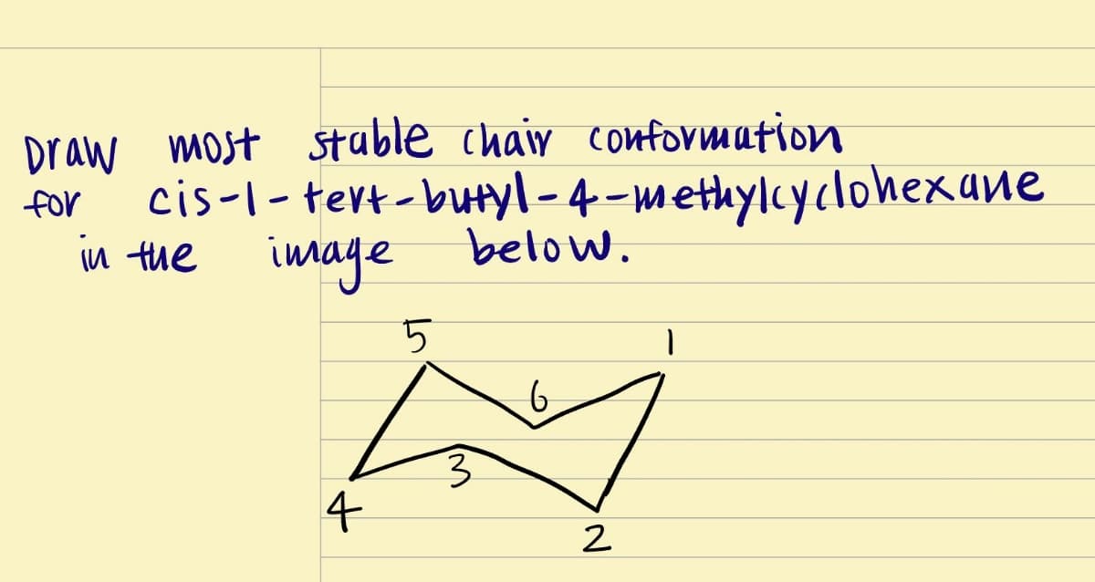 Draw most stable chair conformation
for
cis-1-tert-butyl-4-methylcyclohexane
in the image below.
4
5
3
6
2
1