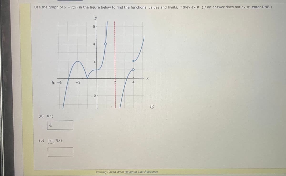 Use the graph of y = f(x) in the figure below to find the functional values and limits, if they exist. (If an answer does not exist, enter DNE.)
y
X
4
Viewing Saved Work Revert to Last Response
k
-4
(a) f(1)
4
(b) lim f(x)
x-1
-2
6
4
2
1
2
2