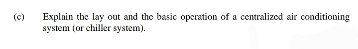 (c)
Explain the lay out and the basic operation of a centralized air conditioning
system (or chiller system).
