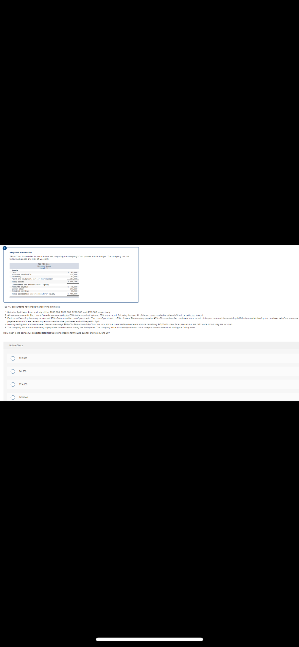 Required Information
TES-417 Inc. is a retailer. Its accountants are preparing the company's 2nd quarter master budget. The company has the
following balance sheet as of March 31.
TES-417 Inc.
Balance Sheet
March 31
Assets
Cash
$ 82,000
Accounts receivable
Inventory
129,000
52,500
Plant and equipment, net of depreciation
217,000
Total assets
$ 480,500
Liabilities and Stockholders' Equity
Accounts payable
$ 78,000
Common stock
347,000
Retained earnings
Total liabilities and stockholders' equity
TES-417 accountants have made the following estimates:
1. Sales for April, May, June, and July will be $280,000, $300,000, $290,000, and $310,000, respectively.
2. All sales are on credit. Each month's credit sales are collected 35% in the month of sale and 65% in the month following the sale. All of the accounts receivable at March 31 will be collected in April.
3. Each month's ending inventory must equal 25% of next month's cost of goods sold. The cost of goods sold is 75% of sales. The company pays for 40% of its merchandise purchases in the month of the purchase and the remaining 60% in the month following the purchase. All of the accounts
payable at March 31 are related to previous merchandise purchases and will be paid in April.
4. Monthly selling and administrative expenses are always $52,000. Each month $5,000 of this total amount is depreciation expense and the remaining $47,000 is spent for expenses that are paid in the month they are incurred.
5. The company will not borrow money or pay or declare dividends during the 2nd quarter. The company will not issue any common stock or repurchase its own stock during the 2nd quarter.
How much is the company's expected total Net Operating Income for the 2nd quarter ending on June 30?
Multiple Choice
OOOO
$217,500
$61,500
$714,000
$870,000