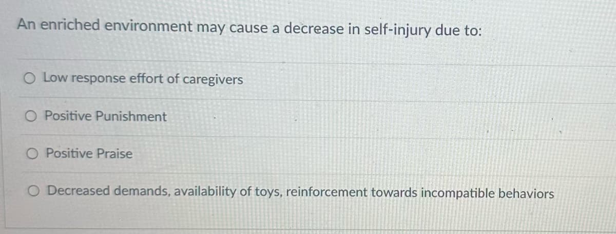 An enriched environment may cause a decrease in self-injury due to:
O Low response effort of caregivers
O Positive Punishment
O Positive Praise
Decreased demands, availability of toys, reinforcement towards incompatible behaviors