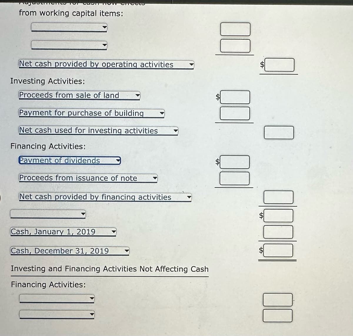 from working capital items:
Net cash provided by operating activities
Investing Activities:
Proceeds from sale of land
Payment for purchase of building
Net cash used for investing activities
Financing Activities:
Payment of dividends
Proceeds from issuance of note
Net cash provided by financing activities
Cash, January 1, 2019
Cash, December 31, 2019
Investing and Financing Activities Not Affecting Cash
Financing Activities:
10000