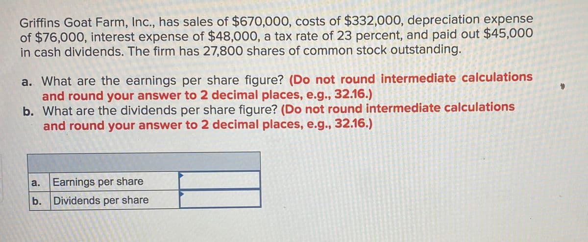 Griffins Goat Farm, Inc., has sales of $670,000, costs of $332,000, depreciation expense
of $76,000, interest expense of $48,000, a tax rate of 23 percent, and paid out $45,000
in cash dividends. The firm has 27,800 shares of common stock outstanding.
a. What are the earnings per share figure? (Do not round intermediate calculations
and round your answer to 2 decimal places, e.g., 32.16.)
b. What are the dividends per share figure? (Do not round intermediate calculations
and round your answer to 2 decimal places, e.g., 32.16.)
a.
Earnings per share
b. Dividends per share