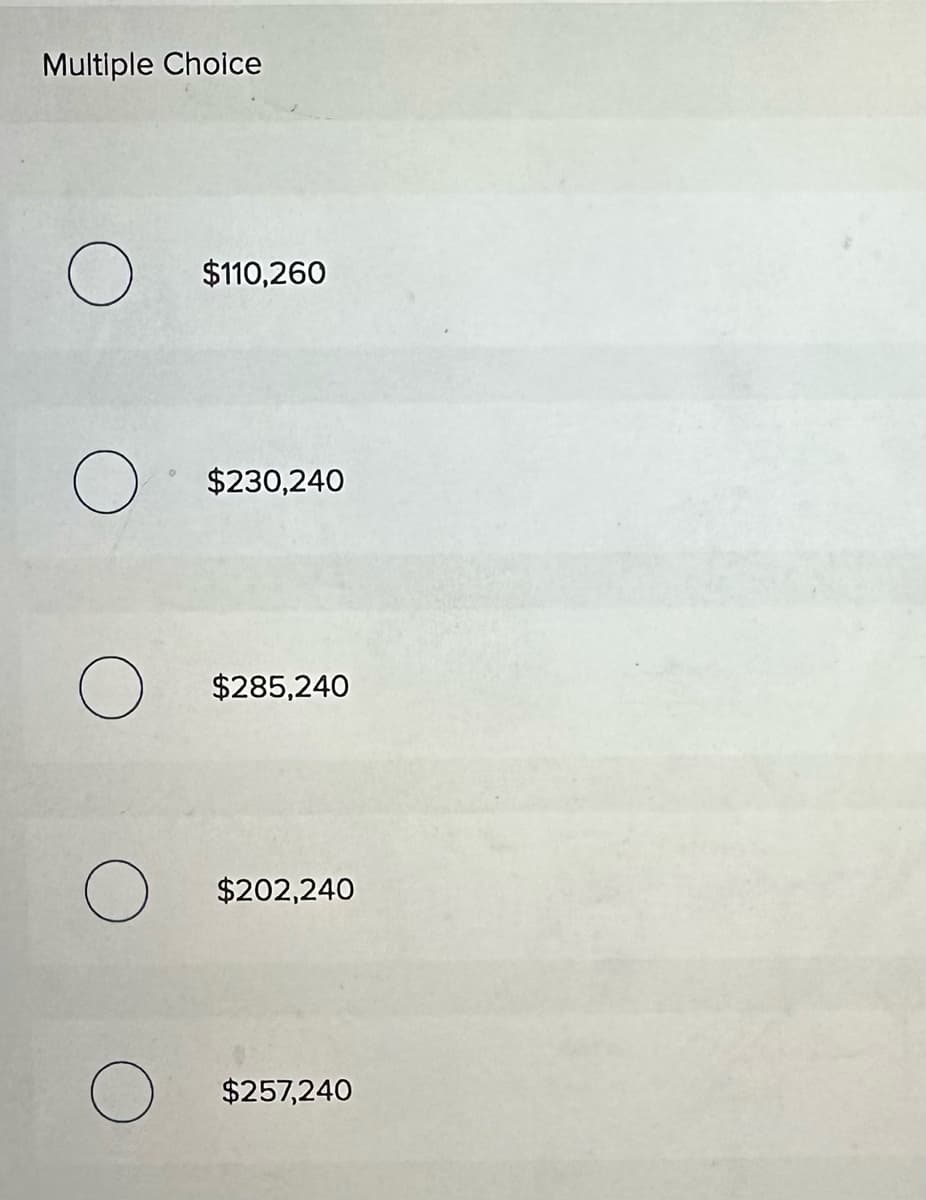 Multiple Choice
O
O
O
O
$110,260
$230,240
$285,240
$202,240
$257,240