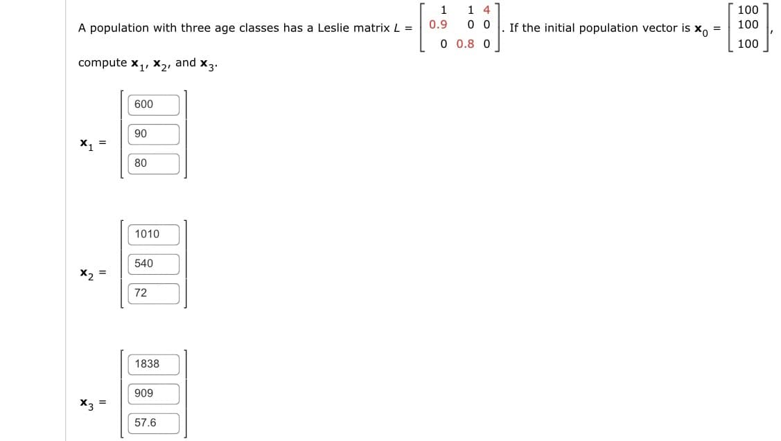 A population with three age classes has a Leslie matrix L =
compute x₁, x₂, and x3.
X1 =
x3 =
600
90
80
1010
H
540
72
1838
909
57.6
1
0.9
0
14
0 0
0.8 0
If the initial population vector is xo =
100
100
100