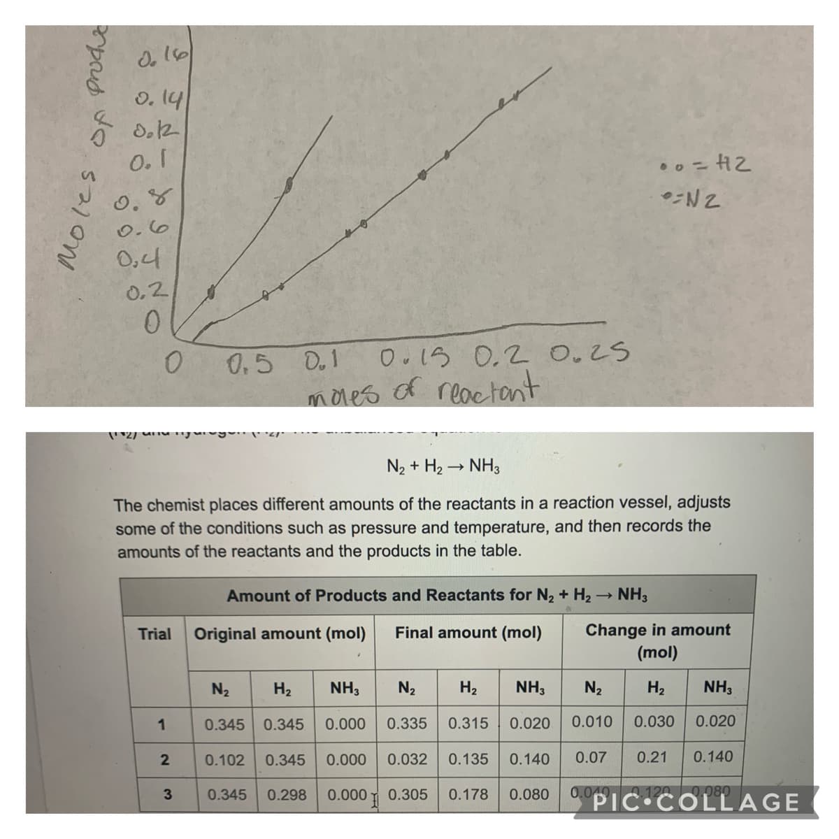 produc
0
moles
do 16
9. 14
0.12
0.1
४
9.6
0,4
0.2
0
2
0
0.15 0.2 0.25
moles of reactant
(12/unligning
N₂ + H₂ → NH3
The chemist places different amounts of the reactants in a reaction vessel, adjusts
some of the conditions such as pressure and temperature, and then records the
amounts of the reactants and the products in the table.
Amount of Products and Reactants for N₂ + H₂ → NH3
Trial
Original amount (mol)
Final amount (mol)
Change in amount
(mol)
N₂
H₂
NH3
N₂
H₂ NH3
N₂
H₂
NH3
1
0.345 0.345 0.000 0.335
0.315
0.020
0.010
0.030
0.020
0.102 0.345
0.000 0.032
0.135 0.140
0.07
0.21 0.140
0.345 0.298
0.000
0.305
0.178 0.080
0.040 0.120 0.080
3
0 = H2
0.5 0.1
00-
•N2
PIC COLLAGE