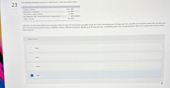 23
The following information pertains to Lightning Inc, at the end of December
Credit Sales
Accounts Payable
Accounts Receivable
Allowance for Uncollectible Accounta
Cash Sales
Wuple Choice
O
Lightning uses the aging method and estimates it will not collect 7% of accounts receivable not yet due, 17% of receivables up to 30 days past due, and 43% of receivables greater than 30 days past
due. The accounts receivable balance of $8,800 consists of $5,000 not yet due, $2.000 up to 30 days past due, and $1.800 greater than 30 days past due. What is the appropriate amount of Bed
Debt Expense?
$400
1340
$1004
$20,000
10,000
8,800
SMS
400 eredit
20,000